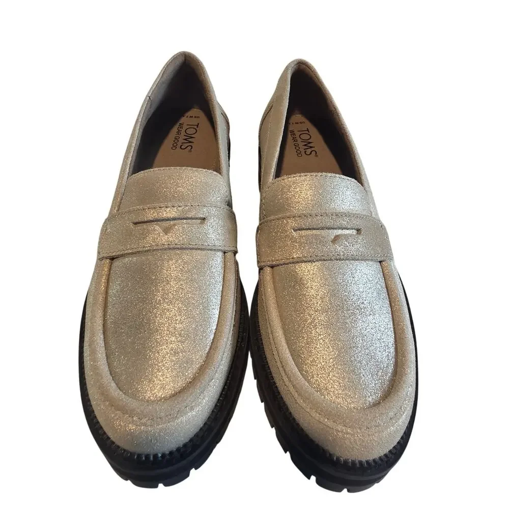 TOMS Women Cara Metallic Sparkly Leather Lug Sole Loafers Size 7.5